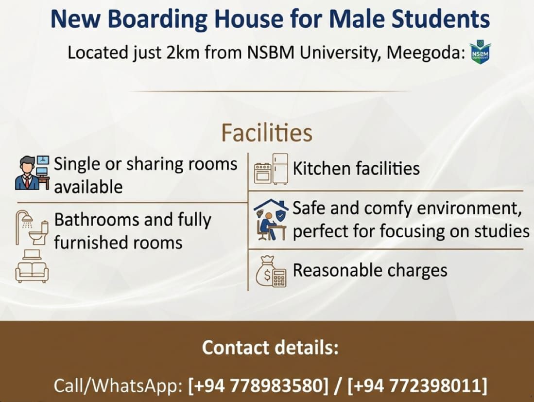 Boarding rooms available for NSBM students from April -  in , 