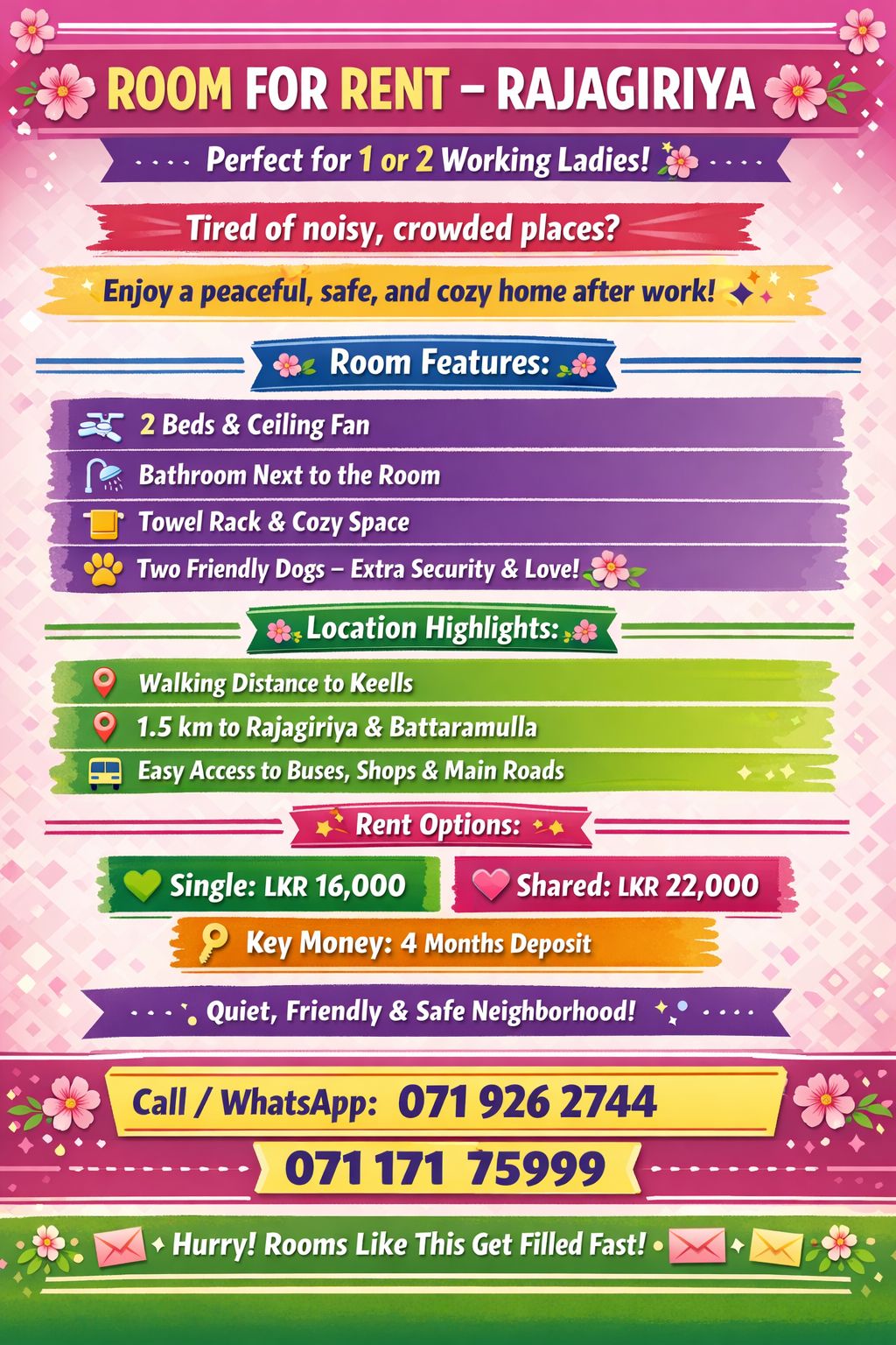 ROOM FOR RENT – RAJAGIRIYA FOR LADIES -  in , 