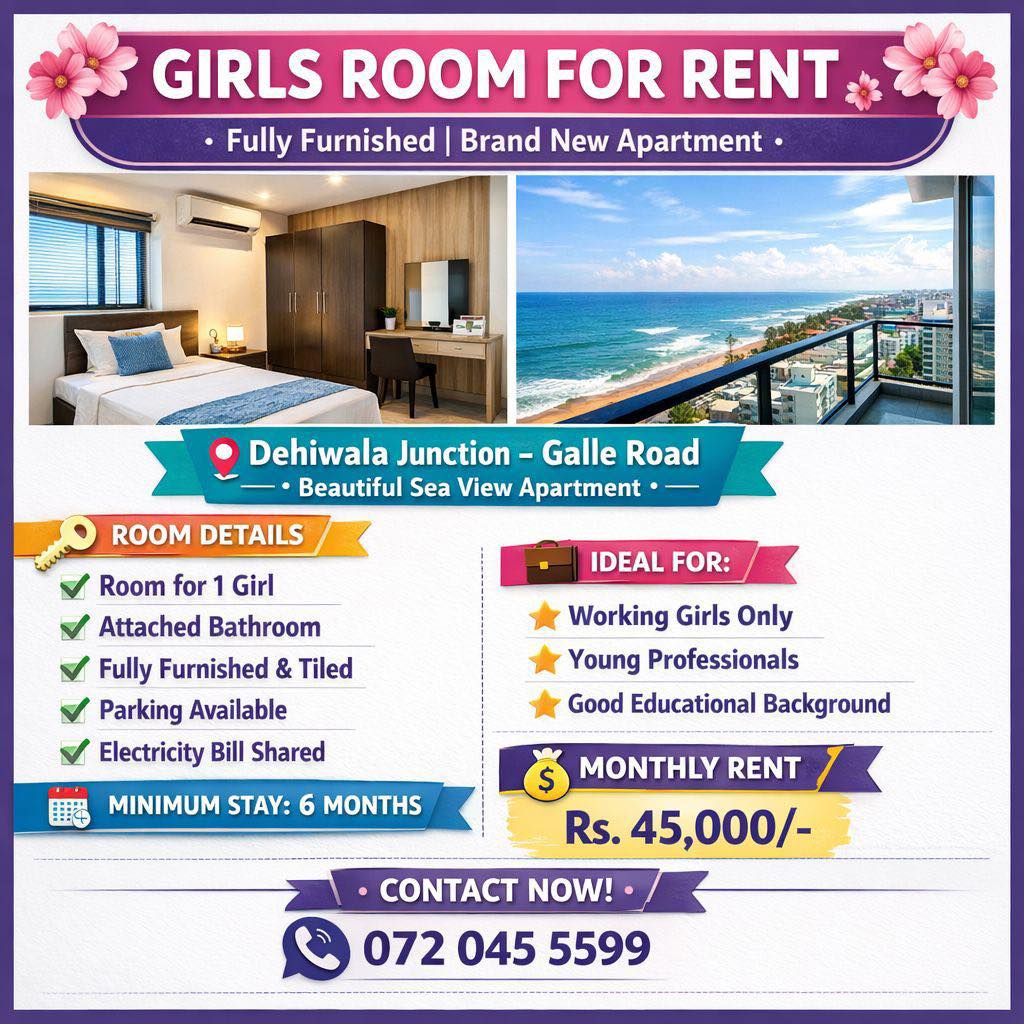 ✨ GIRLS’ ROOM FOR RENT – Sea View Apartment | Dehiwala Galle Road  -  in , 