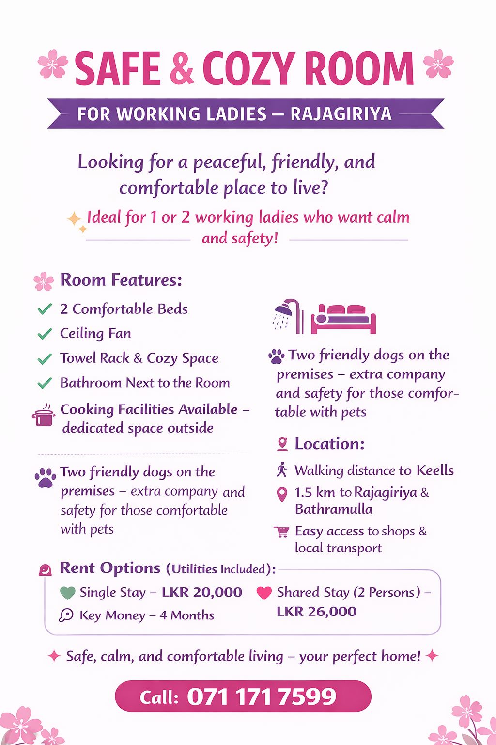 🌸 SAFE & COZY ROOM FOR WORKING LADIES – RAJAGIRIYA 🌸 -  in , 