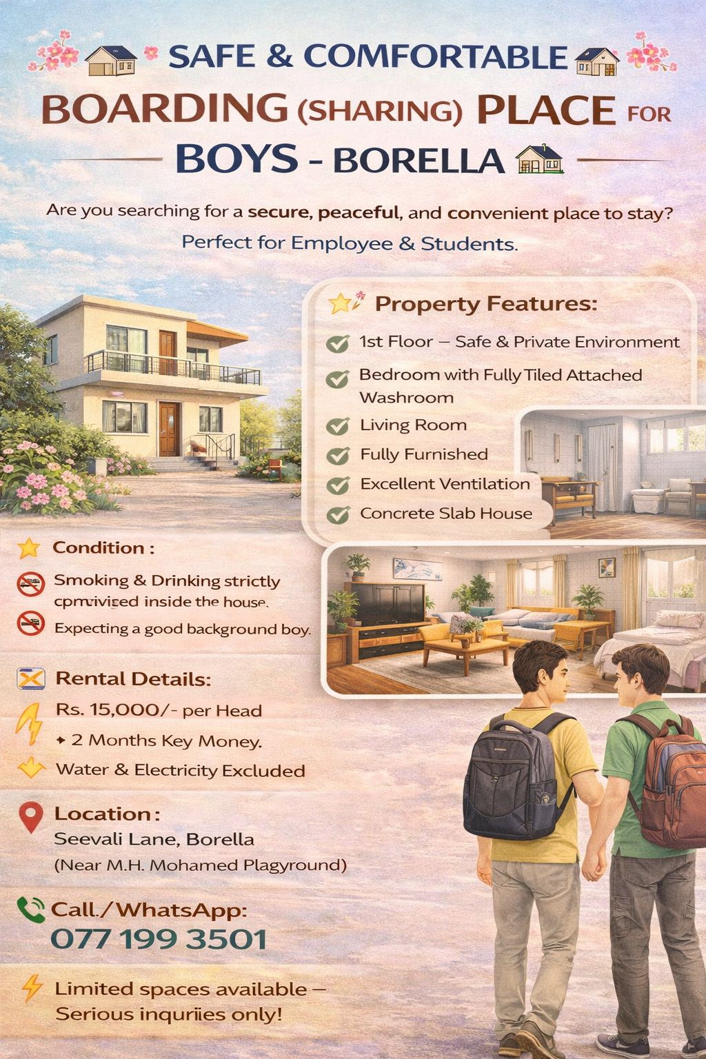 🏡 SAFE & COMFORTABLE BOARDING (sharing) PLACE FOR BOYS – BORELLA  -  in , 